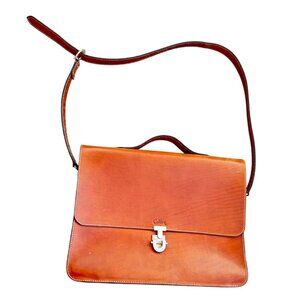 Vintage Calkini Brown Leather Briefcase With Adjustable Strap & Metal Clasp
